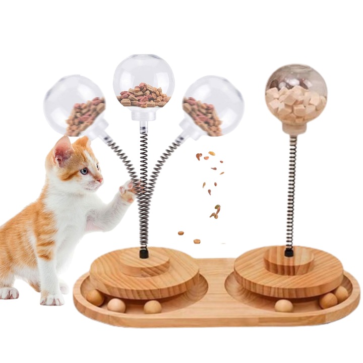 Jucarie pisici /caini, Interactiva si Educationala din lemn, cu minge, Dispenser pentru Hrana, Stimuleaza mintea si corpul animalutului tau, exercitii pentru animale de companie cu bile