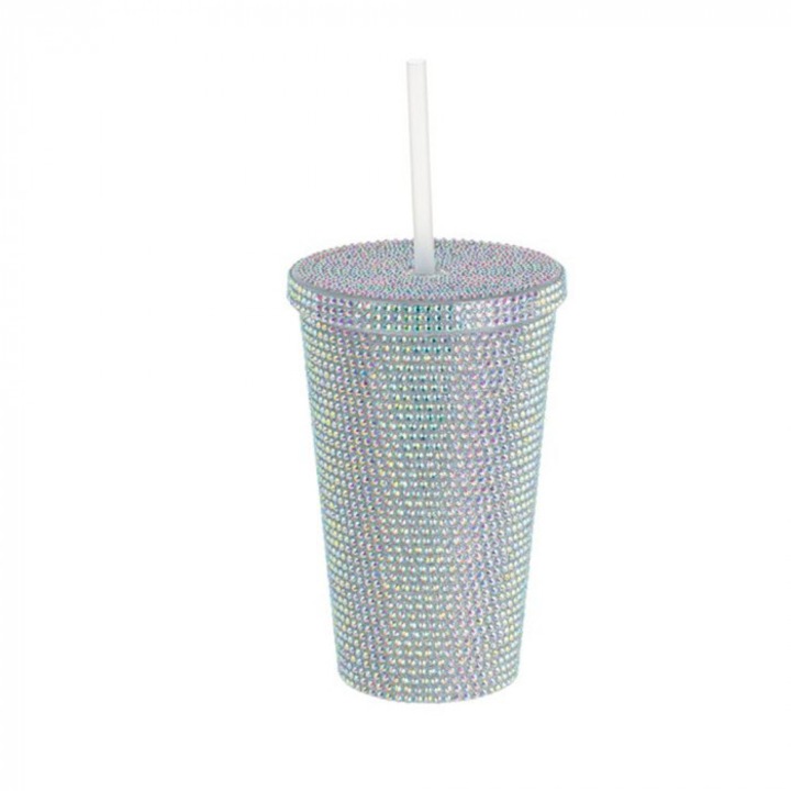 Üveg szívószállal és fedővel, 450 ml, 15x9 cm, műanyag, ATU-087419