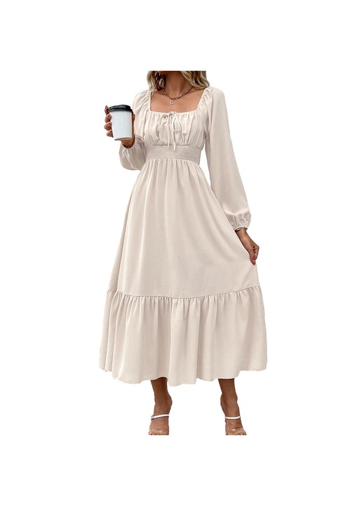 Jormftte hosszú ruha, puffos ujjakkal, redőzött, fodros szegéllyel, kajszibarack színű, poliészter