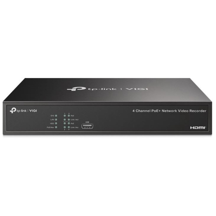 Видеорекордер, TP-LINK, VIGI NVR1004H, 4 канала, HDMI 4K, H.265+, 246.2x148.2x45mm, черен