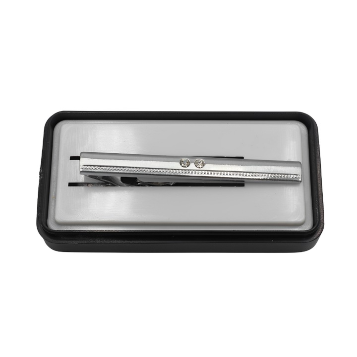 Ac de cravata, Onore, argintiu, inox si pietre semipretioase, 6 x 0.7 cm, model linie cu buline