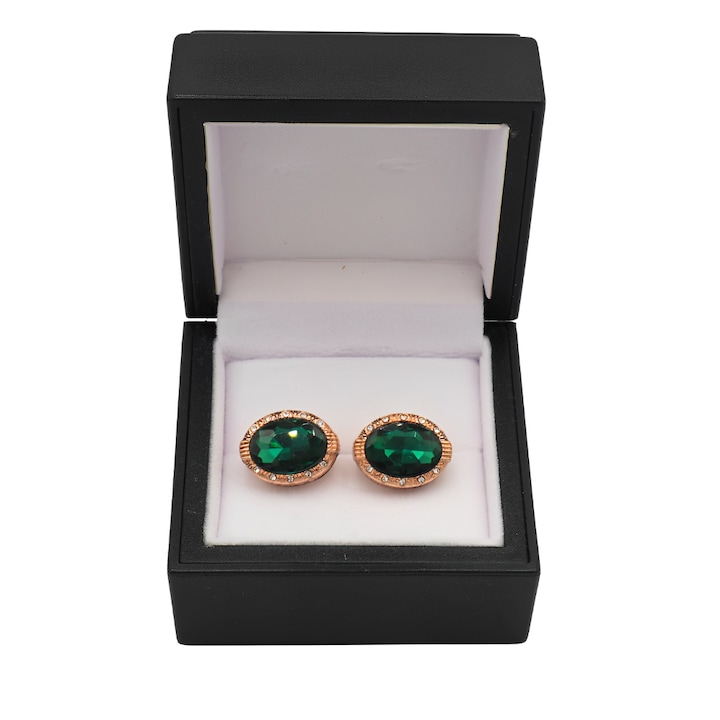 Butoni eleganti, Onore, auriu si verde smarald, inox si piatra semipretioasa, 2 x 1.5 cm, model oval