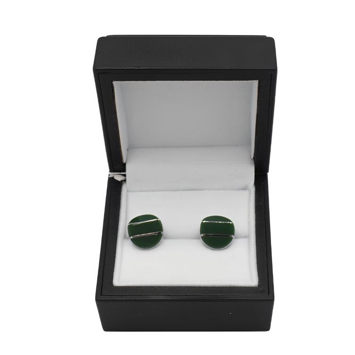 Butoni eleganti, Onore, argintiu si verde jad, inox si piatra semipretioasa, 2 x 1.5 cm, model linii cu insertie