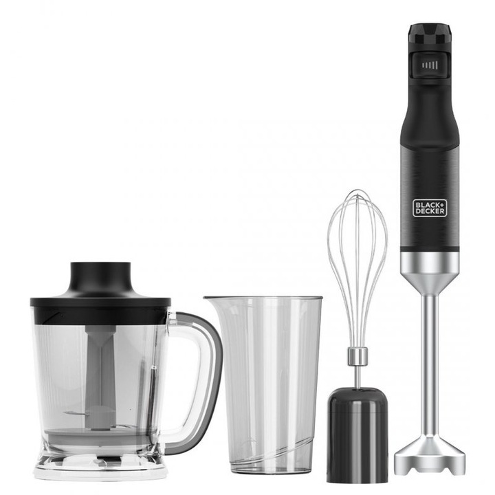 Blender manual Black+Decker, 1500W, cu functii de blendare, tocator, plastic, inox