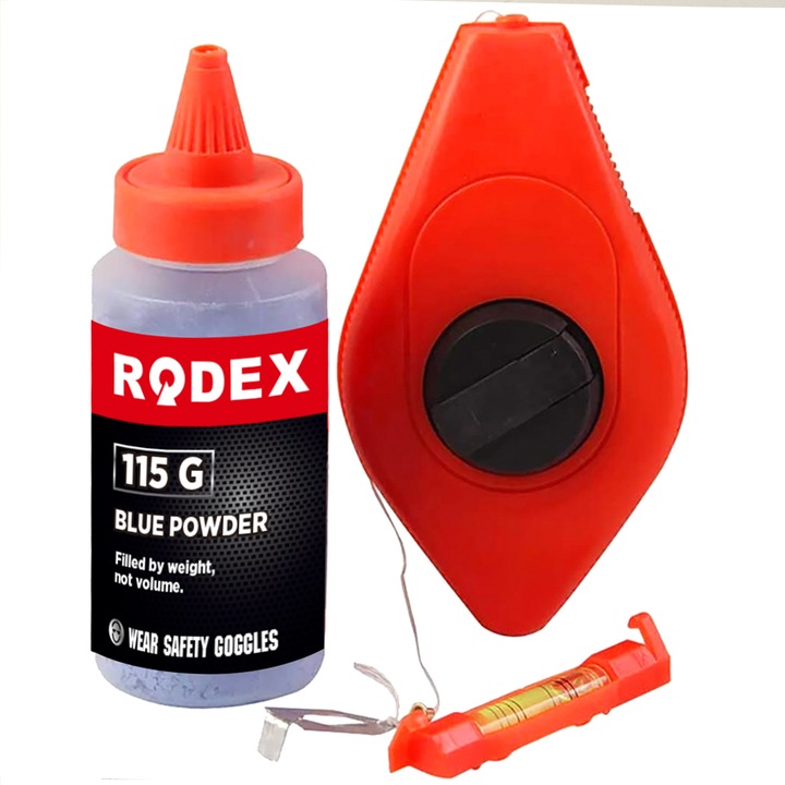 Kit Trasare Zidarie Cu Fir 50M, Pudra Creta 115G, Cu Nivela, Rodex RHT0909110115