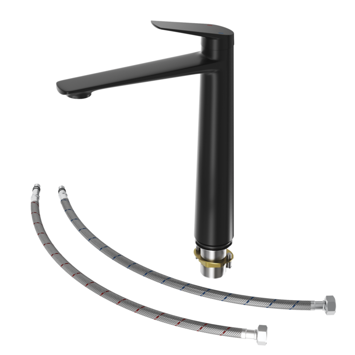 Baterie De Lavoar, Granitan, Nave, Inalt, Din Alama, 286 mm, Set Robinet/2 Conducte Flexibile/Sistem De Fixare, Negru