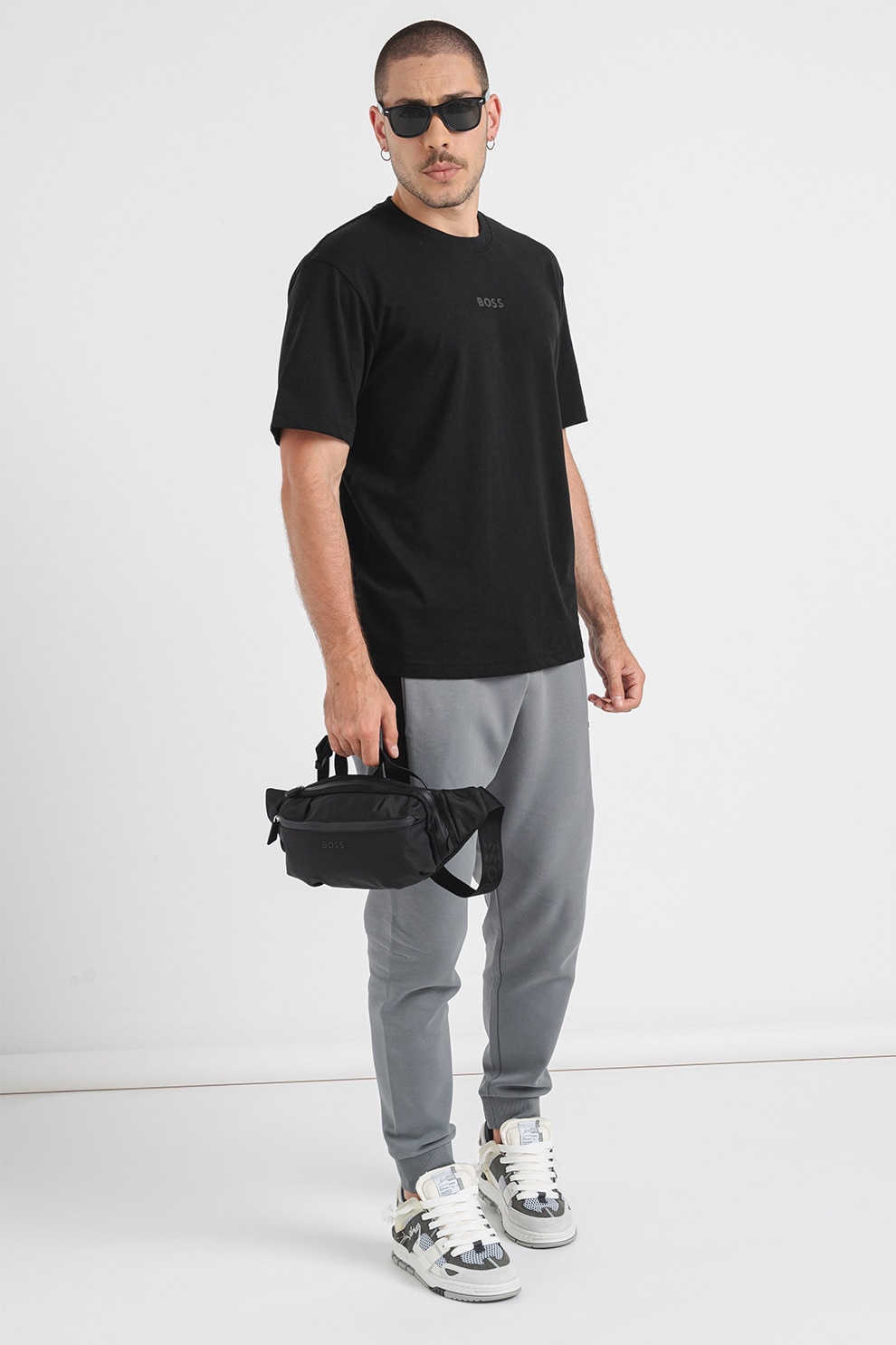 BOSS, Tricou din bumbac cu logo, Negru, 2XL