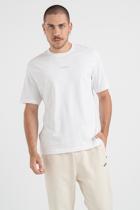 BOSS, Tricou din bumbac cu logo, Alb optic
