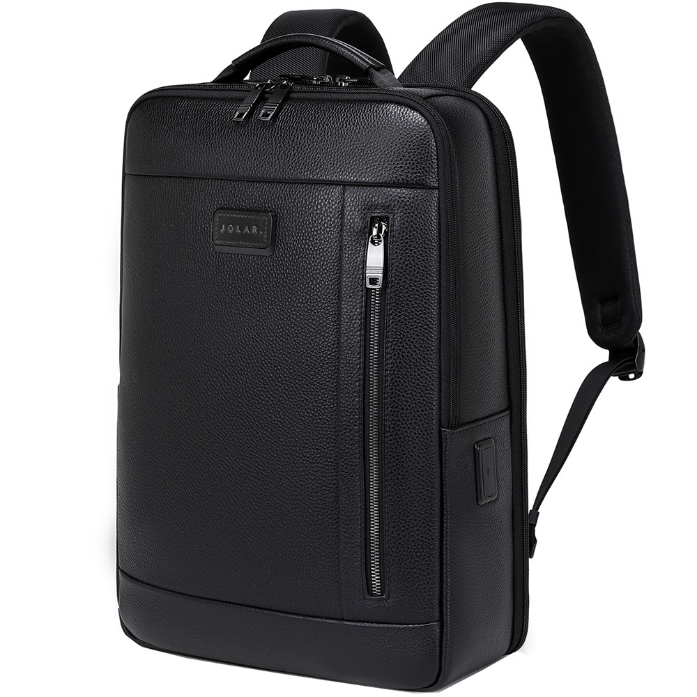 Rucsac business JOLAR Dunavor Office GP02371, piele naturala, laptop 15.6 inch, USB si Type-C, 15 L, Negru