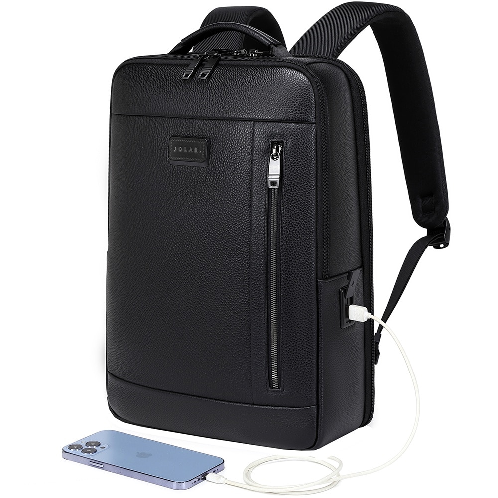 Rucsac business JOLAR Dunavor Office GP02371, piele naturala, laptop 15.6 inch, USB si Type-C, 15 L, Negru