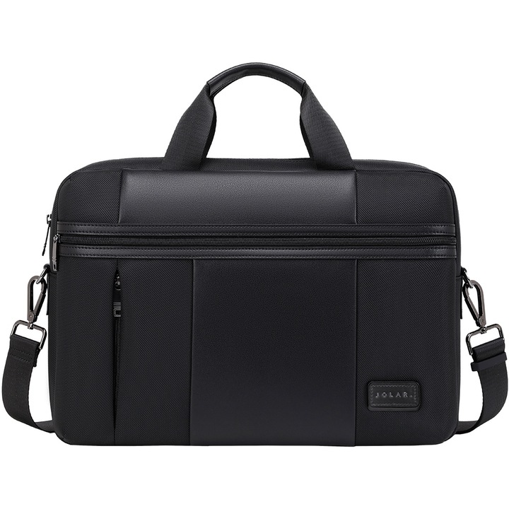 Geanta / Servieta multifunctionala pentru barbati, compartiment pentru laptop de 15.6 inch, rezistenta la apa din nylon cu elemente de piele, geanta pentru calatorii cu fixare de valiza, JOLAR. GP02398BK Negru