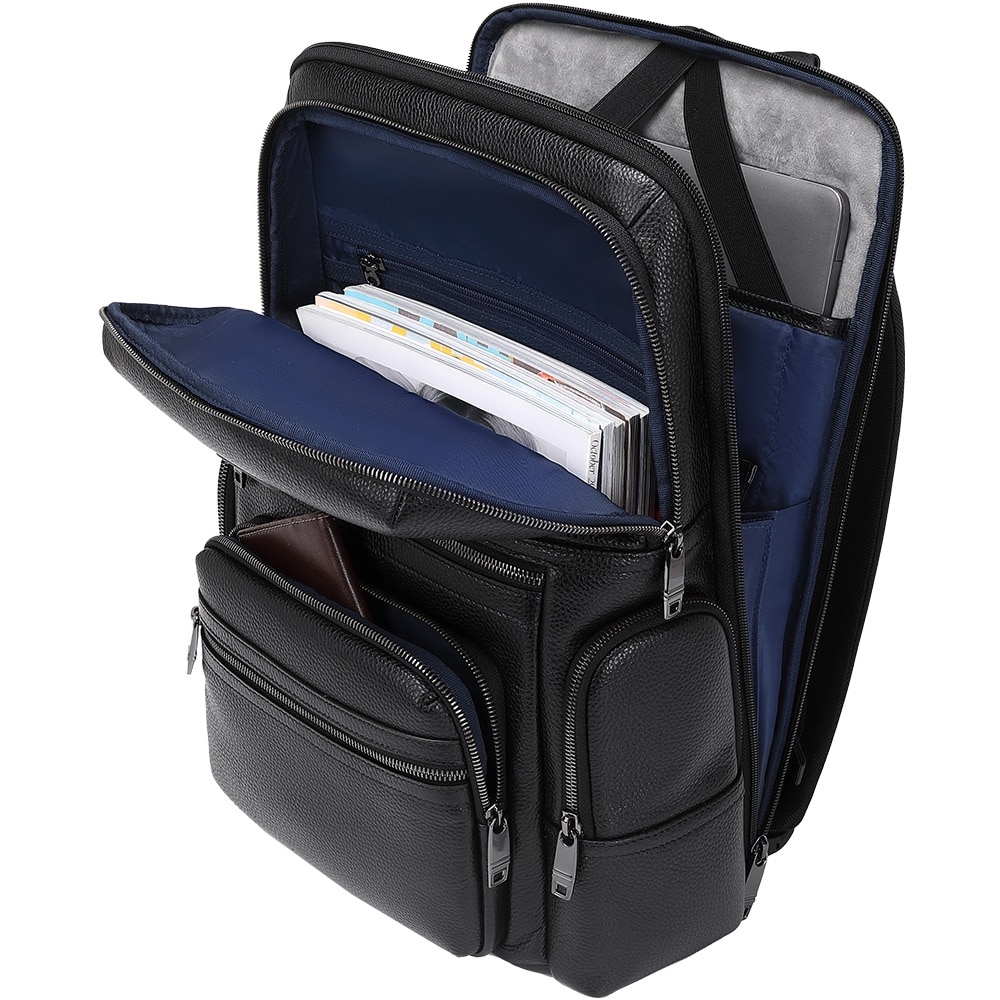 Rucsac smart pentru barbati, slim pentru laptop de 15.6 inch, business elegant cu port USB TYPE-C, din piele naturala, rezistent la apa si zgirieturi, fixare de valiza JOLAR. KB02330BK Negru