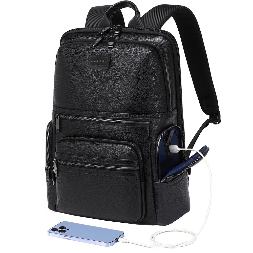 Rucsac smart pentru barbati, slim pentru laptop de 15.6 inch, business elegant cu port USB TYPE-C, din piele naturala, rezistent la apa si zgirieturi, fixare de valiza JOLAR. KB02330BK Negru