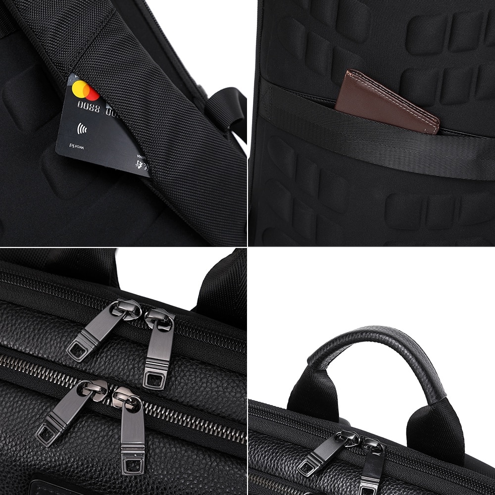 Rucsac smart pentru barbati, slim pentru laptop de 15.6 inch, business elegant cu port USB TYPE-C, din piele naturala, rezistent la apa si zgirieturi, fixare de valiza JOLAR. KB02330BK Negru