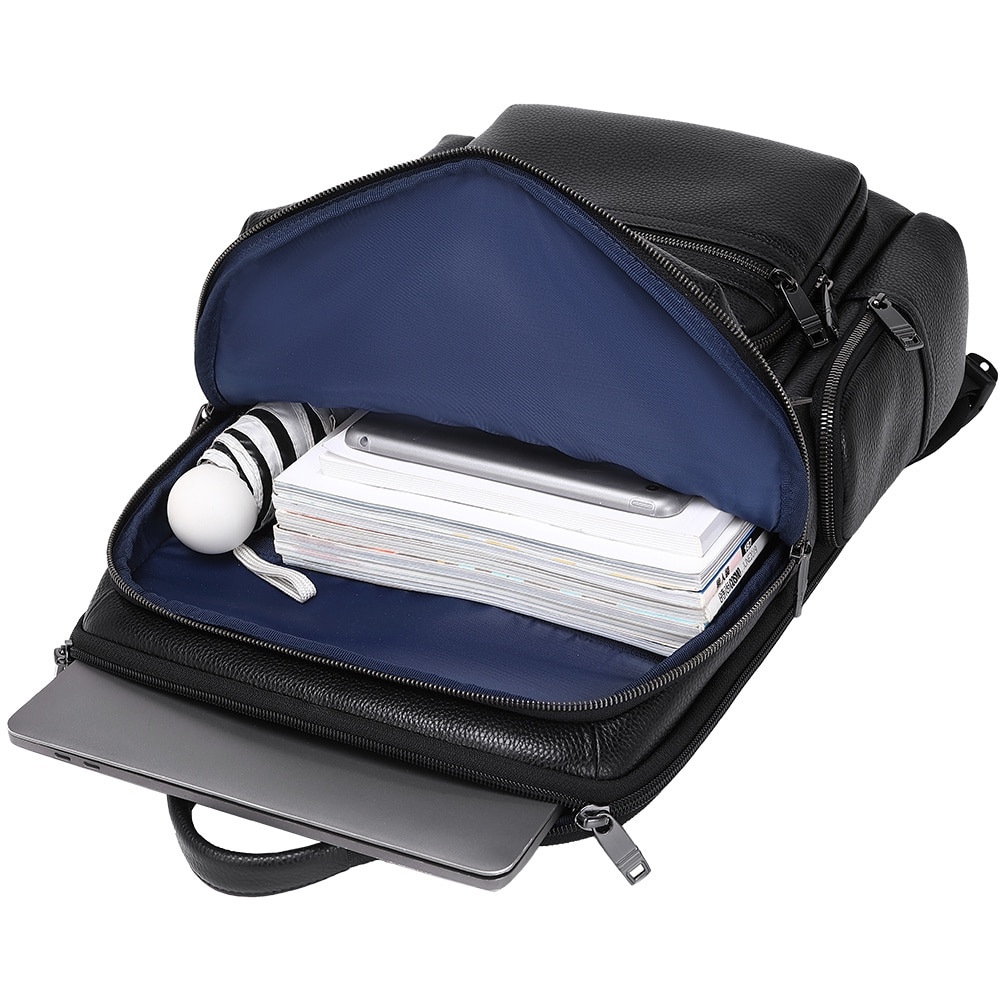 Rucsac smart pentru barbati, slim pentru laptop de 15.6 inch, business elegant cu port USB TYPE-C, din piele naturala, rezistent la apa si zgirieturi, fixare de valiza JOLAR. KB02330BK Negru