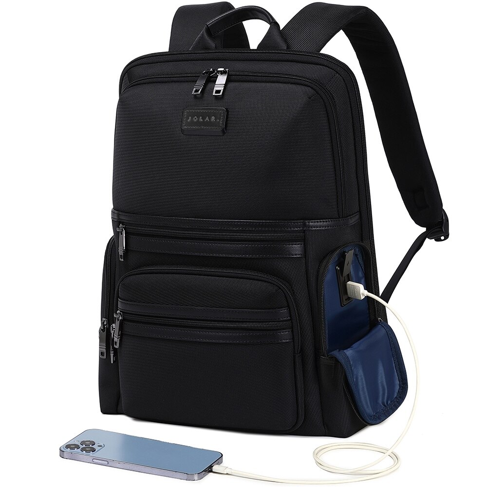 Rucsac slim unisex pentru laptop de 15.6 inch, business elegant cu port USB TYPE-C, din poliester rezistent la apa si zgirieturi, JOLAR. KB02314BK Negru