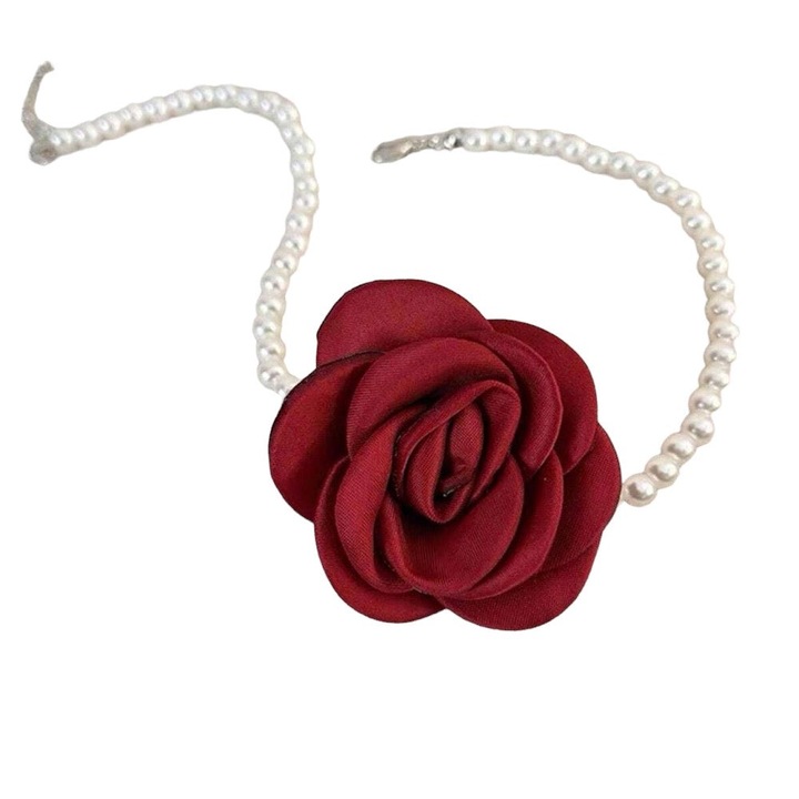 Colier choker, cu perle si floare visinie, Bendicta C14, Pursehuit