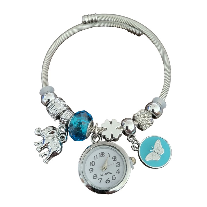 Ceas Dama tip Bratara Argintii si Margele Albastru Transparente, Bratara Fixa Reglabila