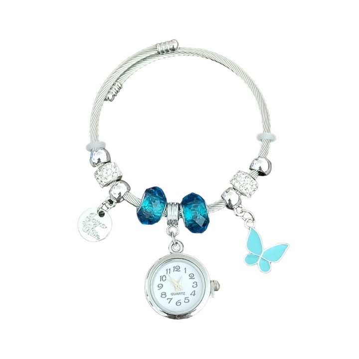 Ceas Dama tip Bratara Argintii si Margele turcouaz Transparente Bratara Fixa Reglabila