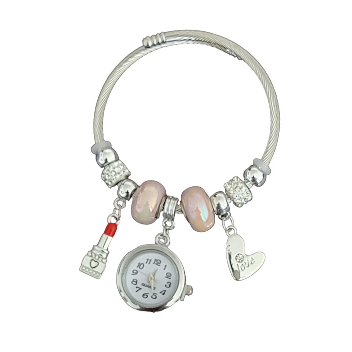 Ceas Dama tip Bratara Argintii si Margele Roz Sidefate, Bratara Fixa Reglabila
