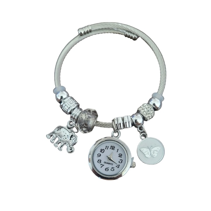 Ceas Dama tip Bratara,, Argintii si Margele Alb Transparente, Bratara Fixa Reglabila