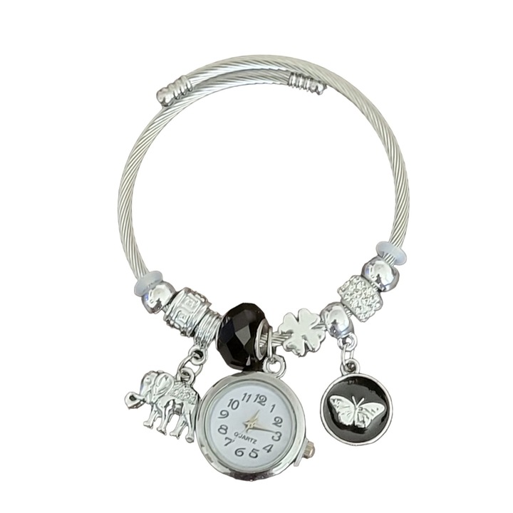 Ceas Dama tip Bratara Argintii si Margele Negru Transparente, Bratara Fixa Reglabila