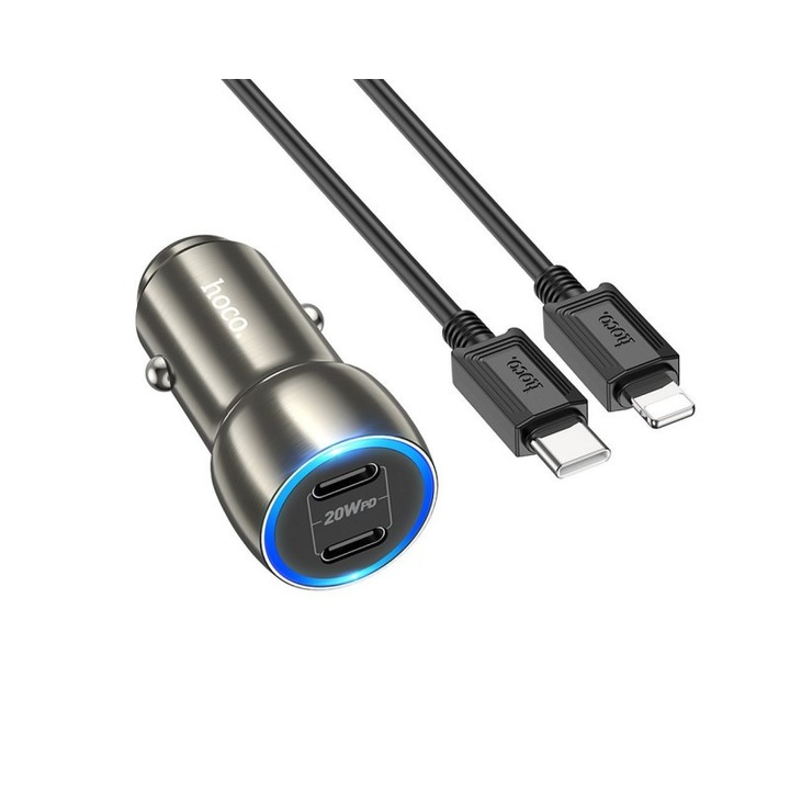 Incarcator Auto Dual Hoco 2x Type C + cablu Type C to iPhone Lightning PD 40W Z48 metal gray