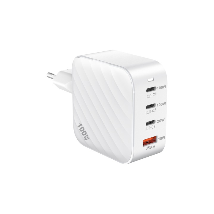 GaN QuatroMini 100W hálózati töltő, AHA PRINT®, kompakt kivitel, 3*USB-C PD és USB-A QC 3.0, laptophoz, telefonhoz, 4 készülék egyidejű töltésére, fehér
