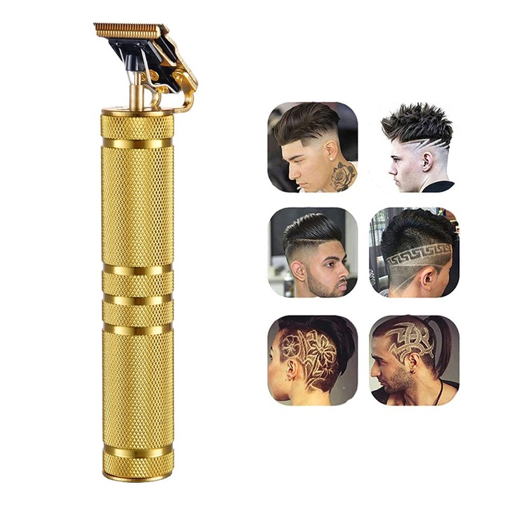 Masina de tuns profesionala, fara fir, incarcare USB, lame din titan, set 4 piepteni, auriu