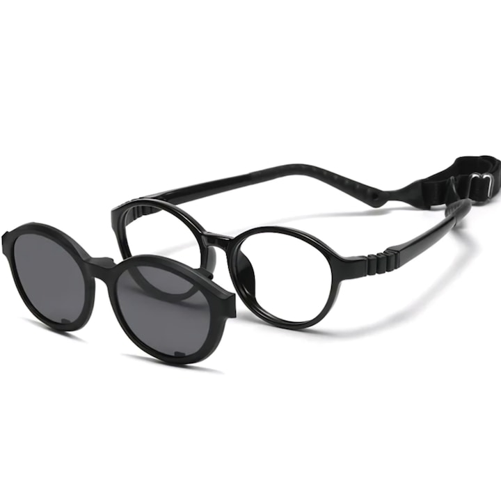 Rame ochelari de vedere pentru copii cu lentile de soare Clip-on, culoare rama negru, lentile negre, material rama TR/silicat