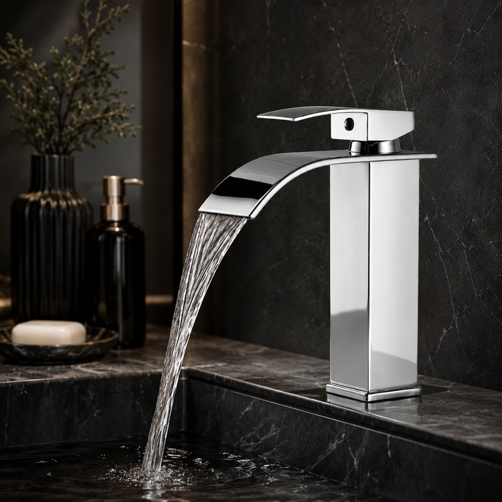 Baterie Chiuveta Baie, Tip Cascada, Monocomanda, Design Minimalist, Racorduri incluse, Otel Inoxidabil, Puternica si Durabila, Rezistenta la rugina si coroziune, usor de instalat, SMARTGADGETS C&A, Argintiu