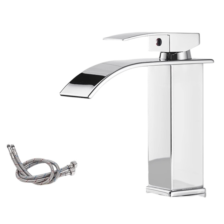 Смесител за мивка за баня, тип водопад, едно управление, минималистичен дизайн, включени връзки, неръждаема стомана, здрав и издръжлив, устойчив на ръжда и корозия, лесен за инсталиране, SMARTGADGETS C&A, сребрист