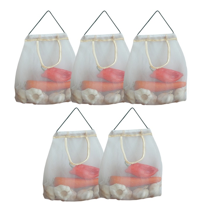 Set 5 saci de depozitare reutilizabili, plasa, alb, 35x25cm