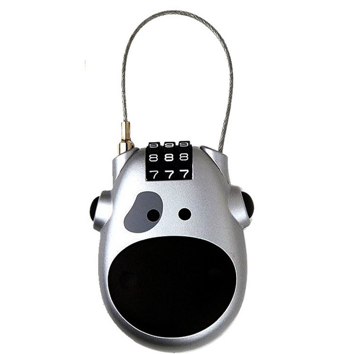 Катинар, разтегателен, с шифър, дизайн крава, PC, черно/сребристо, 58x70 мм