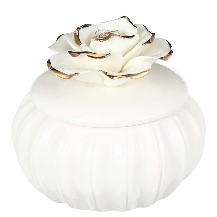 Cutie bijuterii, Model floare, Ceramica, 9x4cm, Alb