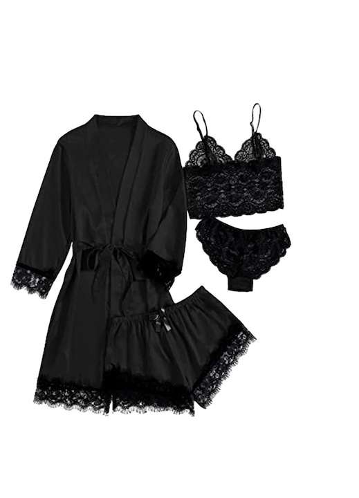 Női pizsama szett, szatén/csipke, fekete, Fekete