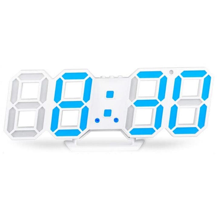 Ceas decorativ digital 3D, afisaj LED, functie alarma si snooze, afisare temperatura, albastru