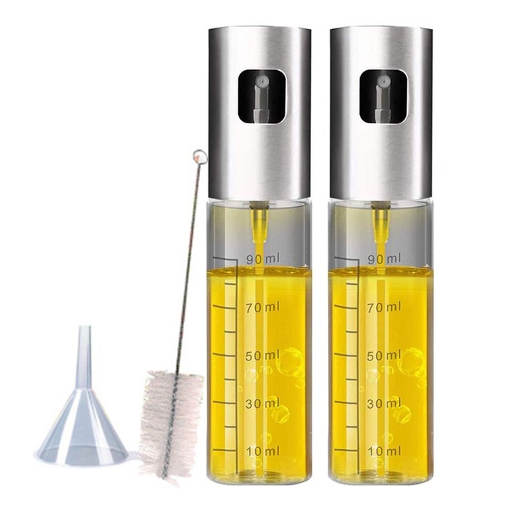 Set 2 pulverizatoare ulei, inox, cu perie curatare, palnie, 100 ml, transparent/argintiu