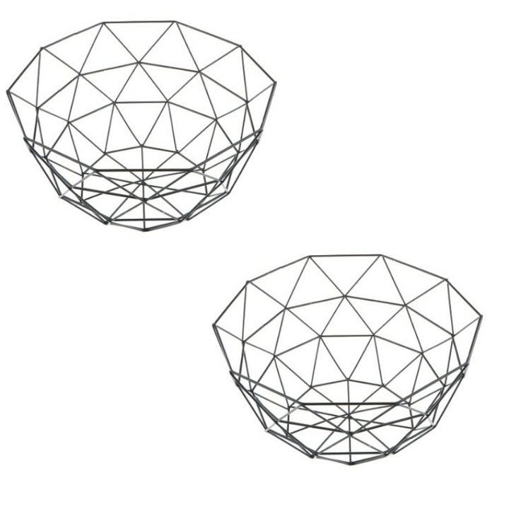 Cos metalic pentru fructe, design geometric, capacitate mare, negru, 26x13.5cm
