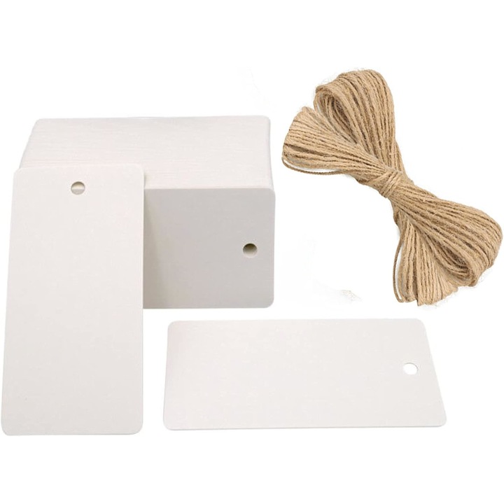 Комплект подаръчни етикети, крафт, многоцветни, 9x4.5см, канап 10м, 100 броя