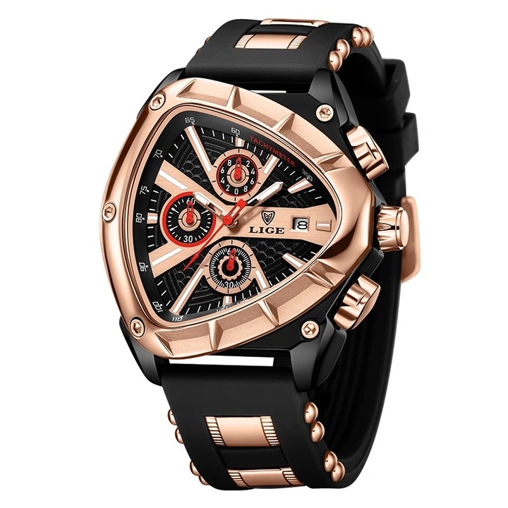 Часовник Lige, Мъжки, Елегантен, Аналогов, Кварцов, Черен / Златист