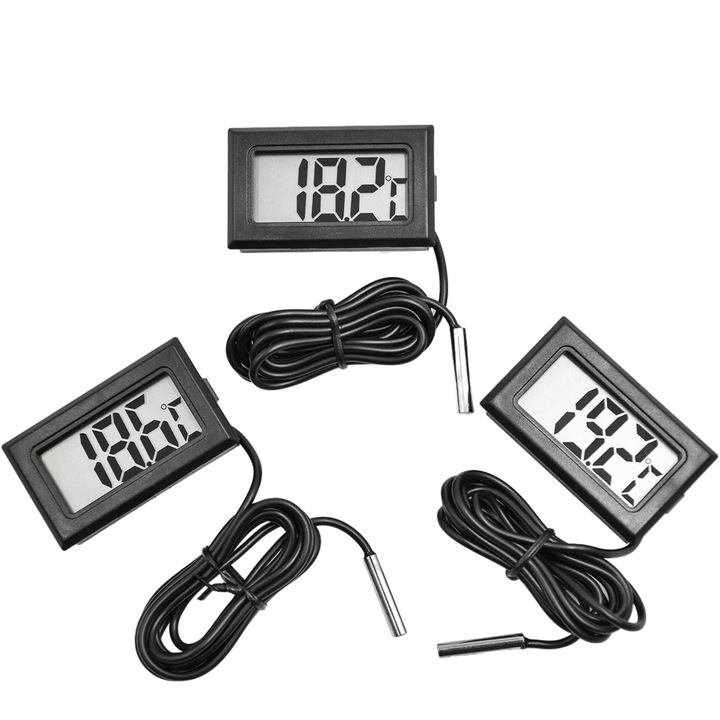 Set 3 termometre acvariu, Plastic, Ecran LCD, Sonda impermeabila, 48x28x15mm, Negru