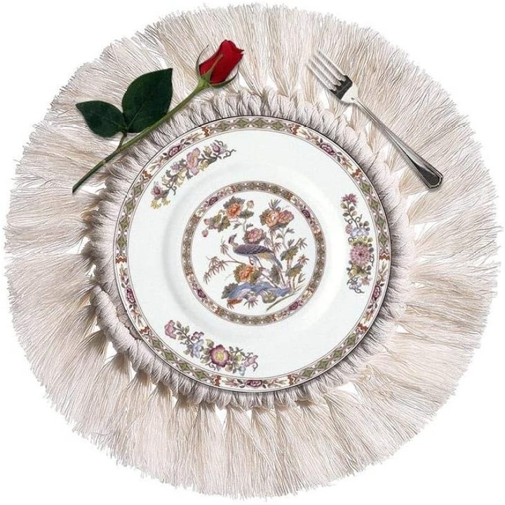 Set 4 suporturi bauturi, Stil Bohemian, Bumbac Impletit Manual, 16cm, bej