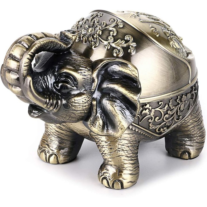 Scrumiera vintage cu capac, Aliaj Zinc, Design elefant, 16 x 10.5 x 9 cm, Bronz