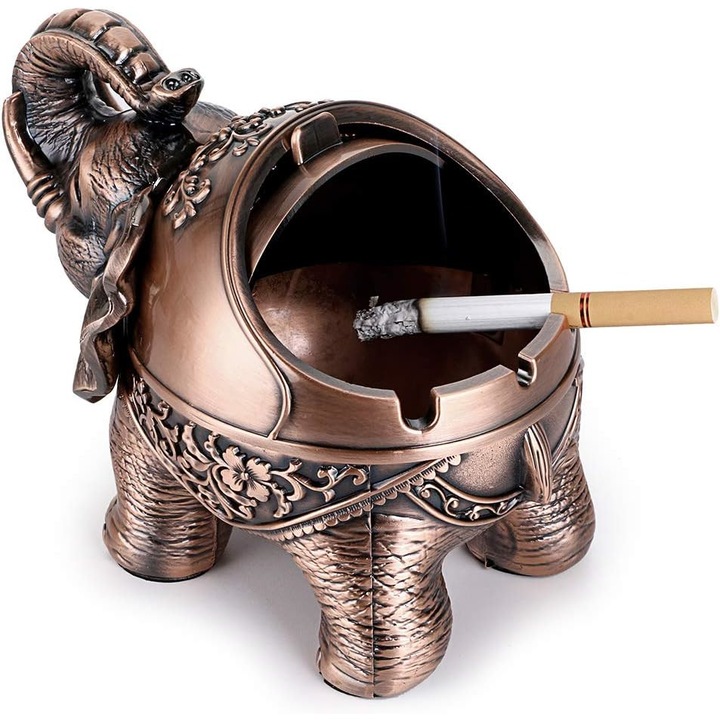 Scrumiera cu capac, Design vintage, Forma elefant, Aliaj de zinc, 16x10.5x9cm, Bronz