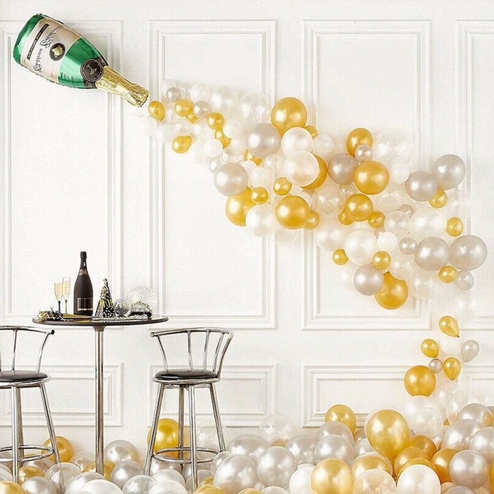 Party lufi készlet, 40 darabos, arany és fehér, 5m, konfetti lufikkal, lányos születésnapi dekoráció