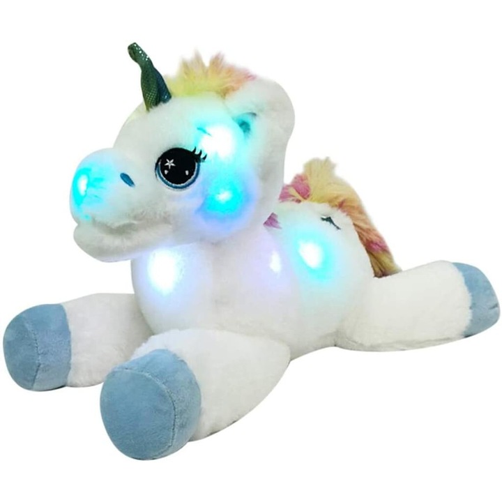 Jucarie de plus luminosa, Unicorn cu LED, multicolor, 40cm, bumbac/polipropilena/plus