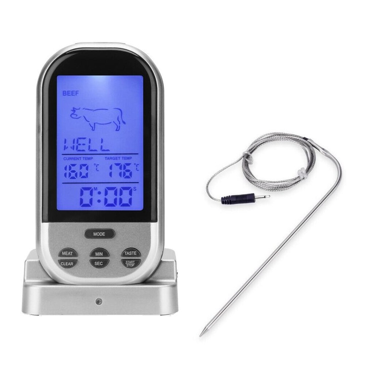 Termometru digital pentru carne, 8 tipuri de carne, inox, 18cm, argintiu