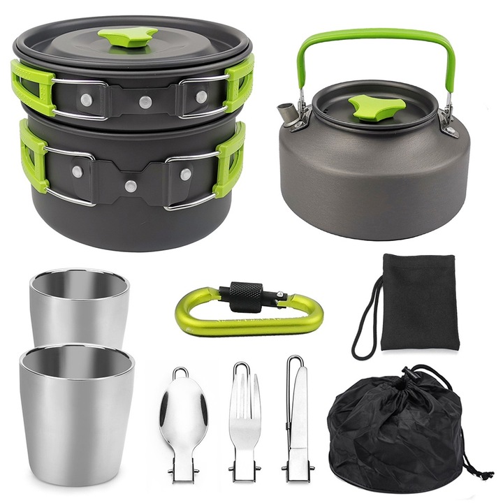 Set de gatit pentru camping, 10 piese, aluminiu, verde, 18.5x12.7x18.5cm