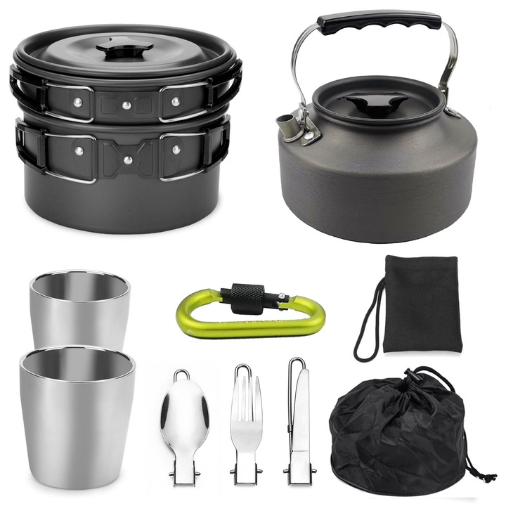 Set 10 piese gatit pentru camping, aluminiu, negru, 1.1L, 18.5x12.7x18.5cm